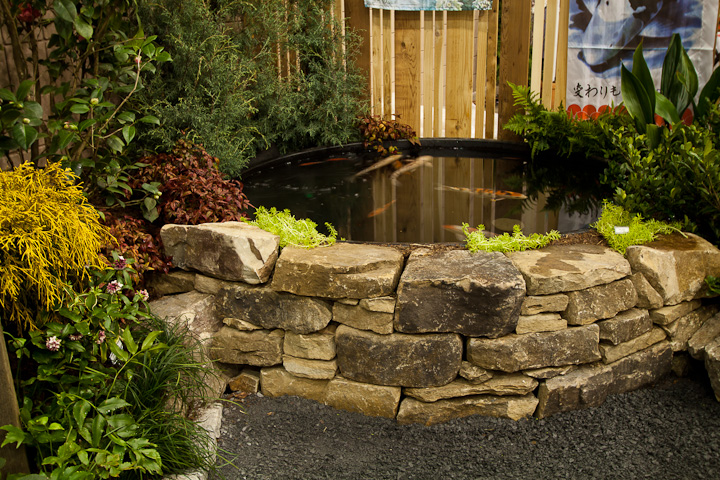photos of our garden at the southeastern flower show, flowers, gardening, outdoor living, Detail of the fieldstone wall and the koi tank