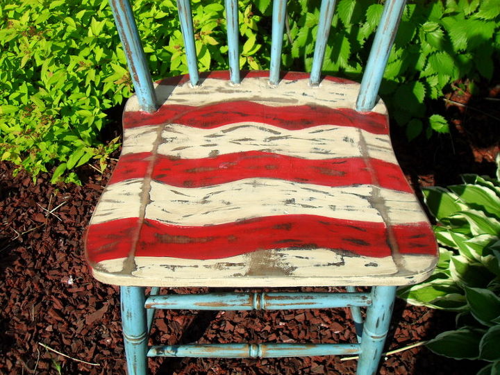 patriotic chair decor, chalk paint, painted furniture, I then took my palm sander to it and heavily distressed it and used a sanding block for the tight spots