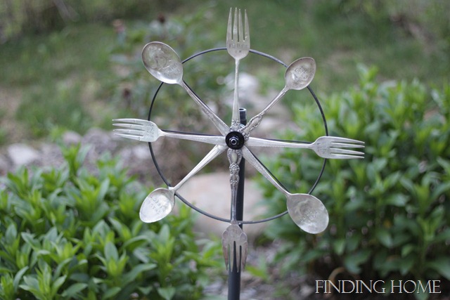 stamped vintage silverware whirligig, flowers, gardening, repurposing upcycling, Since it is all metal and hard plastic it weathers well outdoors