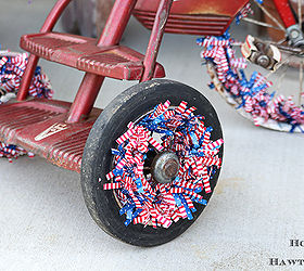 are you decorating your bike for the fourth of july, christmas decorations, flowers, gardening, patriotic decor ideas, repurposing upcycling, seasonal holiday d cor, Yes there is only one wheel that still has a tire on it It just means she has been ridden a lot and well loved nothing wrong with that