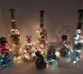 up cycled glass bottle lights, lighting, repurposing upcycling, The aurora illuminates with a warm glow