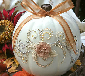 easy glitter and glitz pumpkin, crafts, seasonal holiday decor, I added a scrapbooking decal that I purchased from Hobby Lobby It was super easy to use but takes patience to very slowly peel the decal from the backing The decal remained in one piece and I carefully applied it to the pumpkin