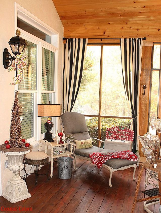 a vintage christmas on the porch, christmas decorations, outdoor living, repurposing upcycling, seasonal holiday decor, This area faces the pond and fireplace It a a fun place to relax read or have a cup of hot Chocolate