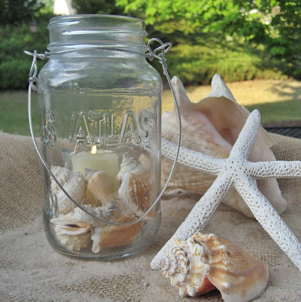 practically free mason jar candles for every season, home decor, mason jars, repurposing upcycling, Summer just add sea shells