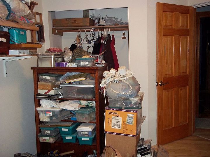 it s done my craft amp exercise room is ready for use i divided the 9 x 9 room, cleaning tips, craft rooms, entertainment rec rooms, Overflowing bookcases and boxes We donated 3 garbage bags and sent 3 bags to the trash Some of the stuff was junk from over 30 years ago