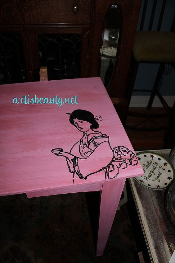 outdated vanity turned asian inspired beauty, home decor, painted furniture, I wanted to add a little more fun to the piece so I blew up a piece of the fabric and transferred a picture of one of the ladys on to the table top using carbon paper and my Krink Permanent Paint pens