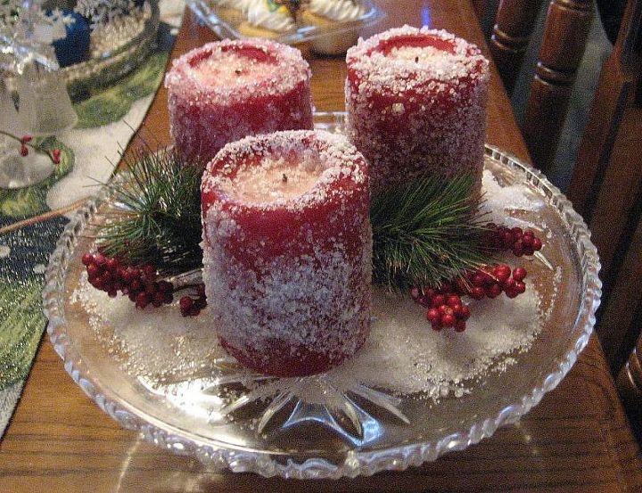 candle redo, crafts, seasonal holiday decor, Epsom salts covered candles for a little sparkle