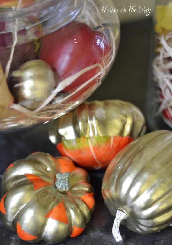 how to create a fall vignette by shopping your home, crafts, home decor, painting, seasonal holiday decor, Some of the pumpkins were painted with gold spray paint You can add stripes or shapes by using Frog Tape