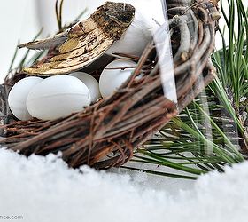 winter nesting make a winter y scene in a glass bowl, crafts, seasonal holiday decor, Tuck in a little birds nest with some eggs