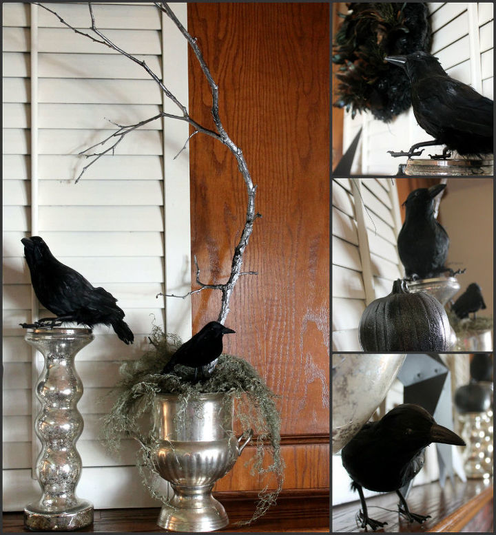 a simple black white halloween mantel, halloween decorations, seasonal holiday d cor, Sticks from the yard and Dollar Store crows Easy