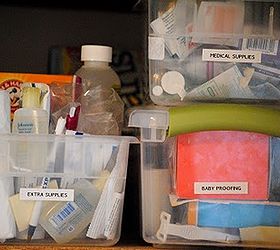 organize kids closets once and for all, closet, organizing, Keep supplies in clearly labeled plastic bins on top shelves so they are within easy reach for adults but not for kids
