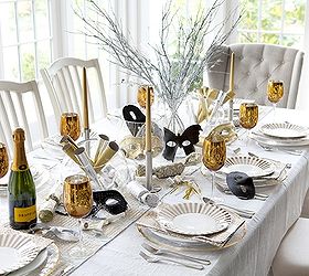 6 new year s eve party ideas, seasonal holiday d cor, Masquerade Shimmering with sequins and gleaming with golds Look no further than the noisemakers horns and masks to be used that night as a centerpiece Set the table by layering metallic accented linens with gold dishes