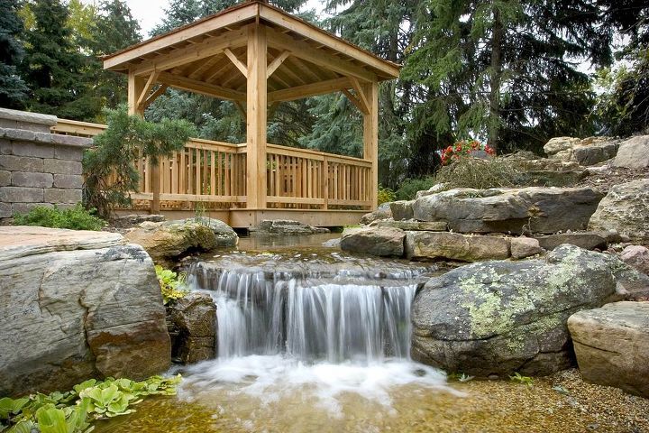 waterfall and gazebo transforms backyard, decks, outdoor living, patio, ponds water features, This pondless waterfall creates an ideal play area for the kids