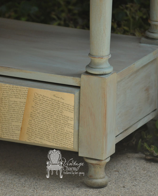 painted oak table makeover, diy, painted furniture, Old Book Pages adorn the drawer fronts