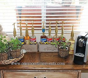 burlap rubber bands and herbs, container gardening, crafts, gardening, repurposing upcycling, Using Rustic Wire baskets for planters and Old sewing machine drawers to hold your flavored syrups on coffee drink station
