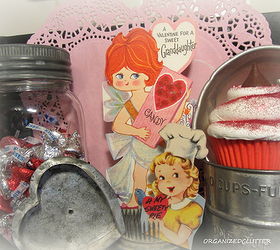 a valentine s day vintage kitchen vignette, seasonal holiday d cor, valentines day ideas, I added more candy a faux cupcake more vintage kitchen utensils and a couple of my childhood Valentines to complete the vignette
