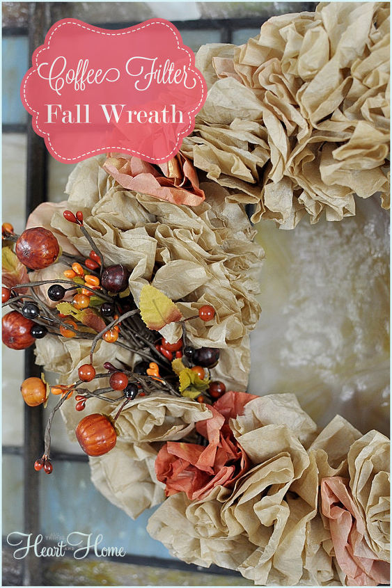 coffee filter fall wreath, crafts, repurposing upcycling, seasonal holiday decor, wreaths, Add a Fall Pick and you re done This would make a great Girl s Craft Night Out project Just have everyone make the coffee filter flowers before and put the wreath together while you chat and nibble xo
