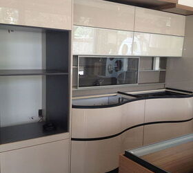 new showroom displays, home decor, kitchen design, kitchen island, Lacquer with curved fronts in Dune