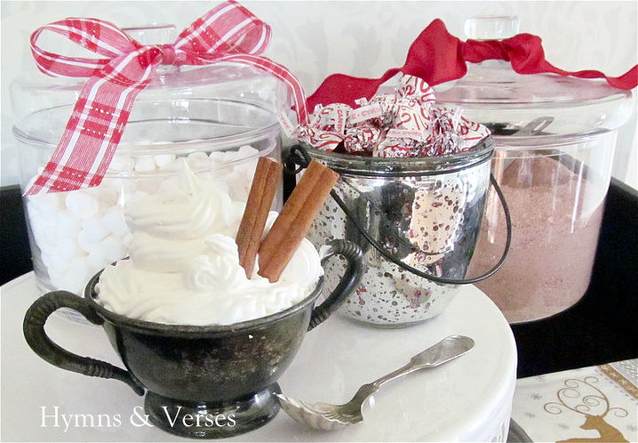 hot cocoa hot chocolate bar for christmas, christmas decorations, seasonal holiday decor, Hot cocoa wouldn t be complete without marshmallows whipped cream and a white chocolate peppermint Hershey s Kiss