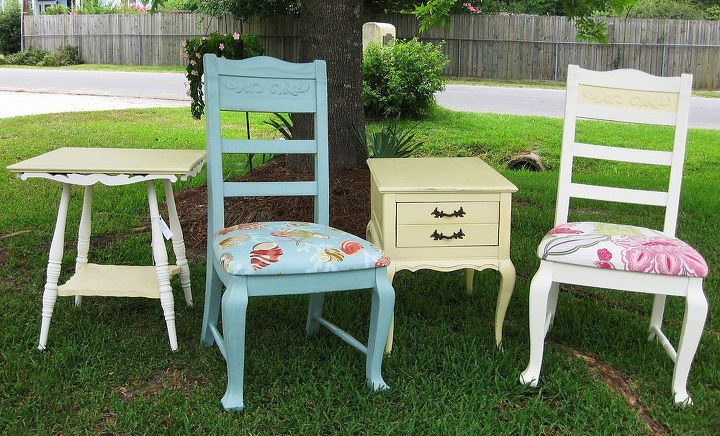 repurposing thrift finds chairs amp tables, chalk paint, painted furniture, reupholster, Thrift Finds given new life with Annie Sloan Chalk Paint New Fabric and lots of elbow grease