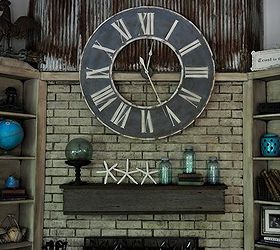 repurposed using an old barn tin roof and barn wood for a fireplace makeover, fireplaces mantels, home decor, mason jars, repurposing upcycling, Fireplace makeover by Bella Tucker Decorative Finishes using an old rusty tin roof and a barn wood mantle