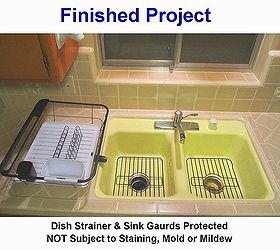 removing kitchen sink stains preventing them from coming back, After Protective Coating I coated the NEW dish strainer and sink gaurds with Self Cleen ST3 to resist bacteria mold and mildew grow as well as staining I Love my kitchen sink again