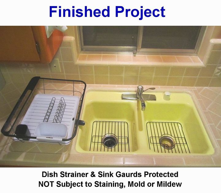 removing kitchen sink stains preventing them from coming back, After Protective Coating I coated the NEW dish strainer and sink gaurds with Self Cleen ST3 to resist bacteria mold and mildew grow as well as staining I Love my kitchen sink again