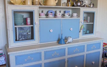 A tired, old, brown veneer hutch dresser to shabby chic delightful!