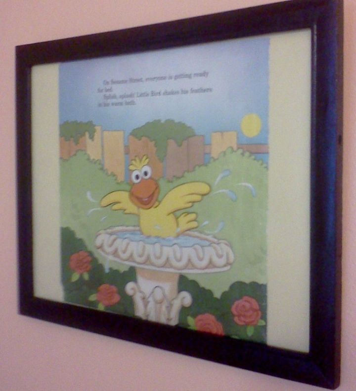 hall bath facelift, bathroom ideas, doors, home decor, One of my toddler s Sesame Street books went to the dog literally I was able to save this page frame it and hang in above the double towel bar