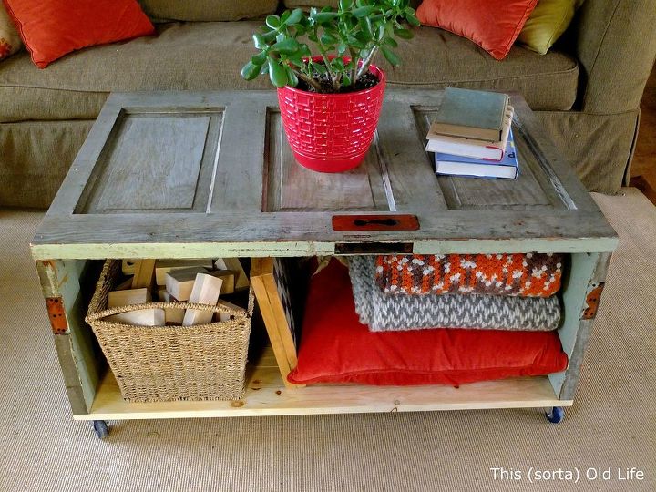 salvaged door coffee table storage bench, repurposing upcycling
