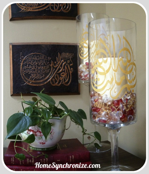 hurricane candle holders etched with islamic calligraphy, crafts
