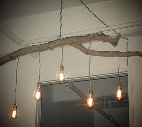 unique chandelier crafted from a fallen branch and edison style lights, lighting, repurposing upcycling
