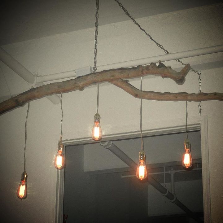 unique chandelier crafted from a fallen branch and edison style lights, lighting, repurposing upcycling