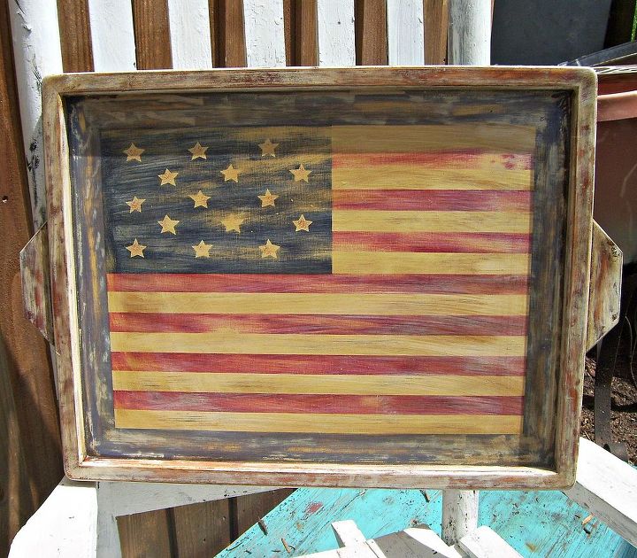scrap wood usa sign, crafts, patriotic decor ideas, seasonal holiday decor, Updated thrift store flag tray