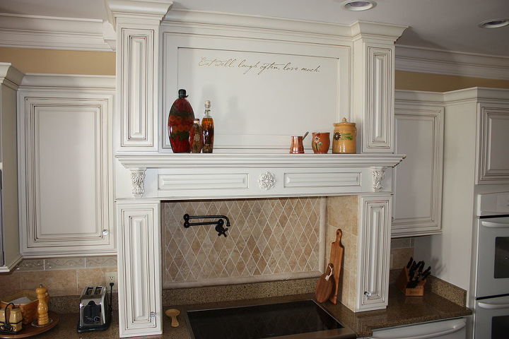le belle poque s old world kitchen, home decor, kitchen design, kitchen island, I added Eat well laugh often love much from Wall Words over the range mantle