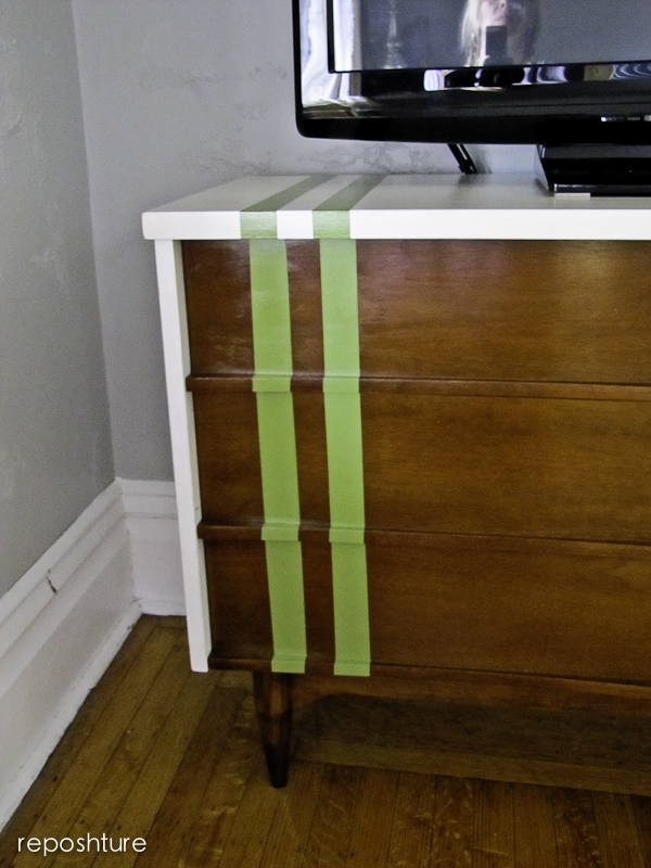 mid century console to tv stand, home decor, kitchen cabinets, painted furniture, repurposing upcycling, These stripes were tricky due to the fact that the drawers curve inward I kept thinking I was way off until I would move away and check and it would look straight