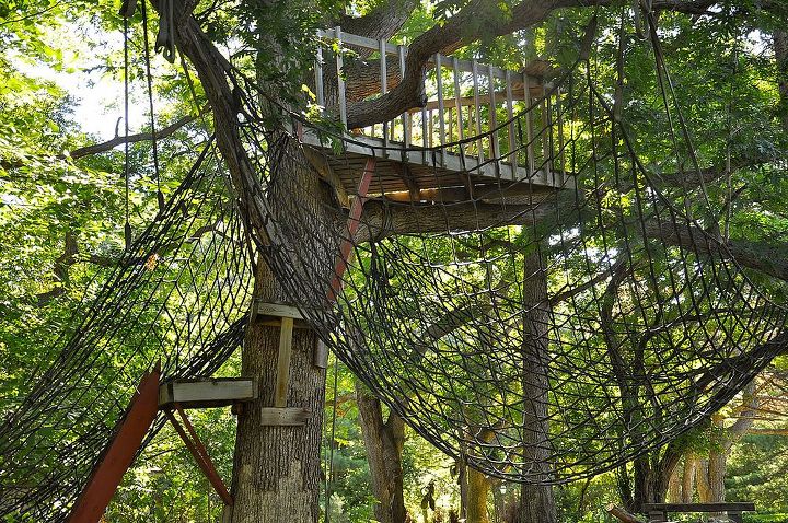 inexpensive alternative to playground equipment, outdoor living, We hung the cargo net below a tree house we had already built