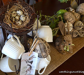 my burlapy and vintagey easter centerpiece, easter decorations, seasonal holiday d cor, In addition to the nest and printed images there are burlap covered eggs hanging from the mug tree