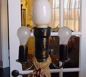 yard sale lamp painted spruced up my alltime favorite find, home decor, The large light bulb came with the lamp It does not burn but the other three bulbs provide enough light so I added some putty on top to hold the shade on
