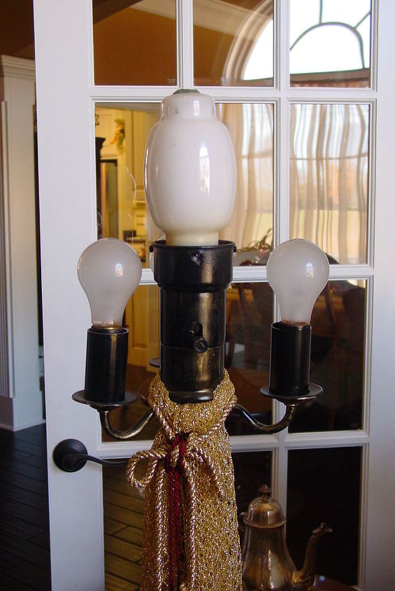 yard sale lamp painted spruced up my alltime favorite find, home decor, The large light bulb came with the lamp It does not burn but the other three bulbs provide enough light so I added some putty on top to hold the shade on