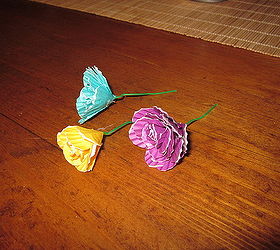 flowers i made for a friends wedding, crafts, flowers, Small multicolored cupcake liners wrapped around a small green colored paperclip attached with hot glue