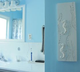 before and after of kids bathroom, bathroom ideas, countertops, home decor, New mirror and sea horse art