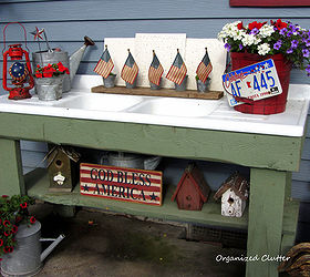 patriotic holiday junk on the potting bench, flowers, gardening, outdoor living, patriotic decor ideas, repurposing upcycling, seasonal holiday decor