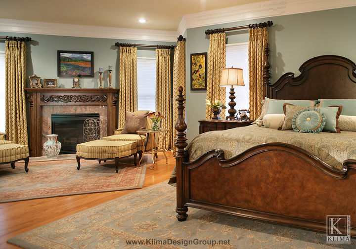 teal and gold bedroom, bedroom ideas, fireplaces mantels, home decor, Master bedroom in Teal and Gold with gold drapes and art work in purple gold deep blue and rust