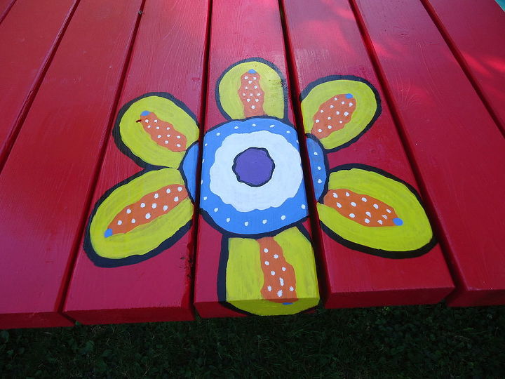 painting a unique picnic table, painted furniture, First flower painted