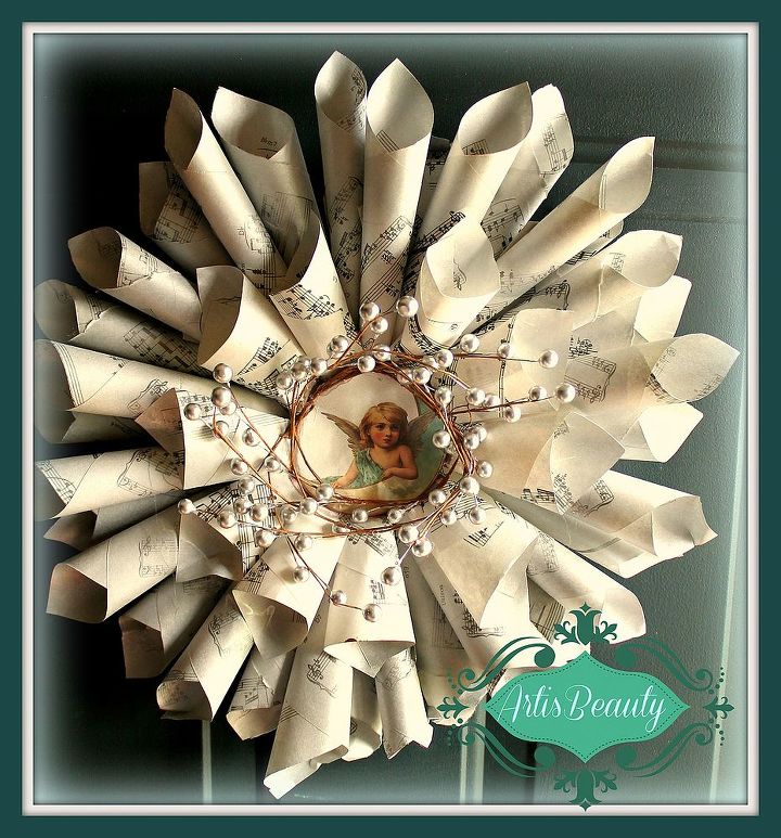 make a sheet music wreath using free graphics from the graphics fairy, crafts, wreaths, all glued and ready to hang