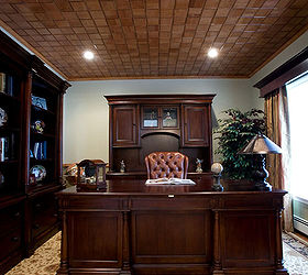home office, home decor, home office, woodworking projects, The wood ceiling design adds another layer of interest and detail to this home office Silk draperies and floral rug design soften the look