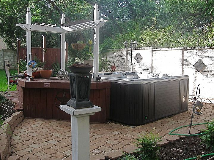 backyard construction of hot tub decking, decks, outdoor living, pool designs, spas, Front view of bar counter stained