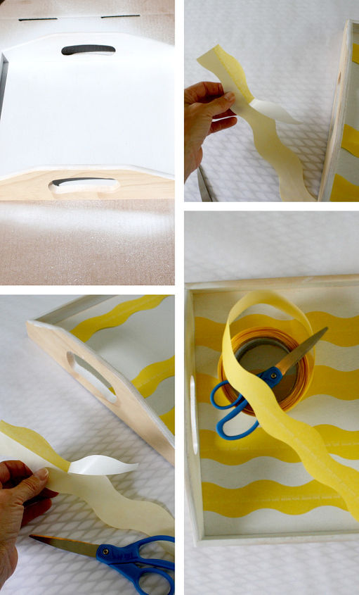 proyectos de bricolaje con frogtape shapetape, Pinte la parte superior de su bandeja de color blanco y aplique la cinta cuando est seca