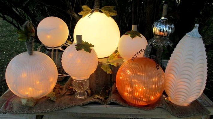 glassy classy pumpkin globes, crafts, repurposing upcycling, seasonal holiday decor, Add lights and magic